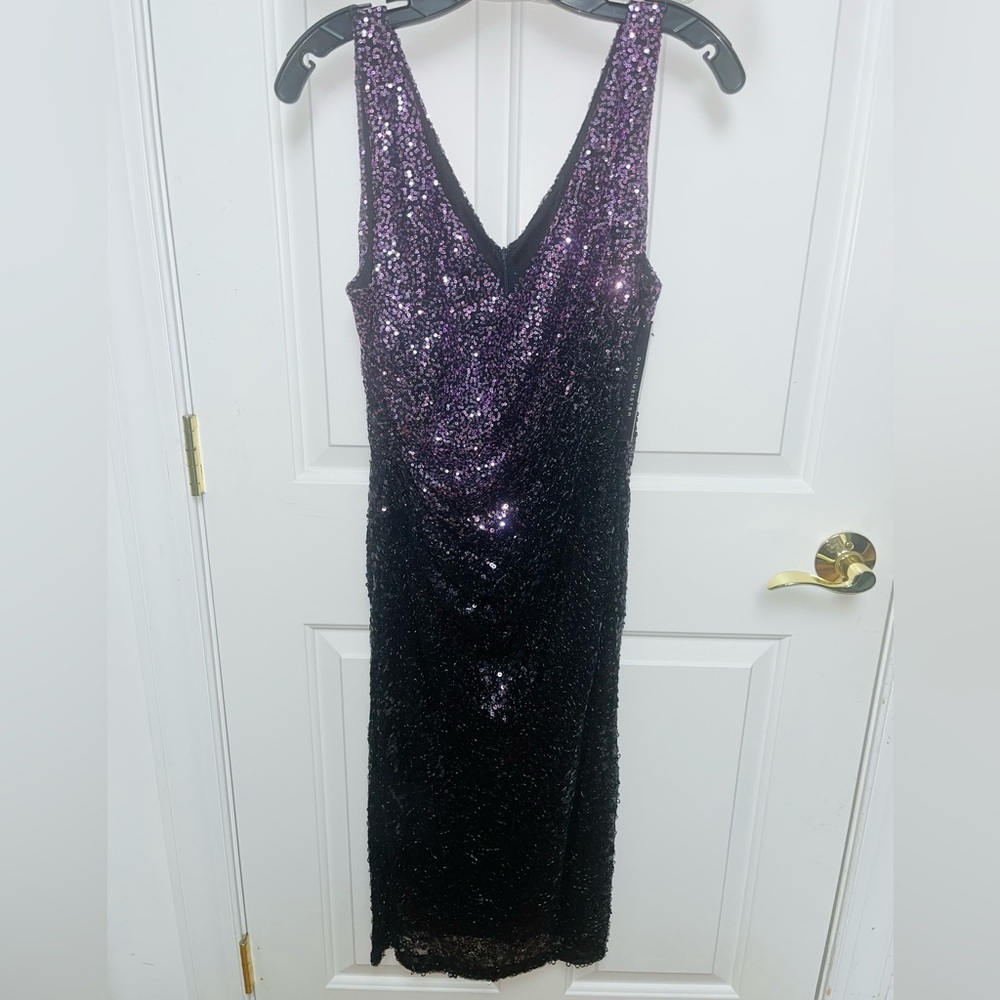 David Meister Women's Sequin Purple Black V-Neck Midi Dress Size 12